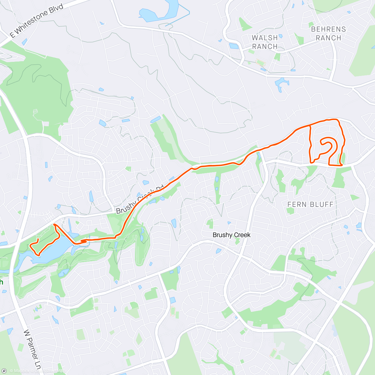 Map of the activity, Brushy Creek Trail (after yoga)