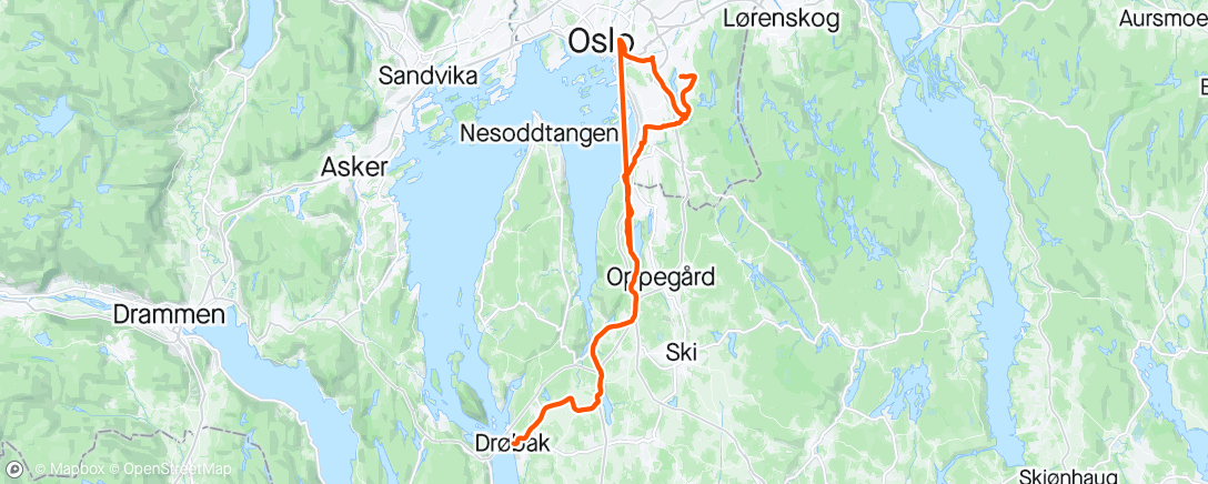 Mapa de la actividad, Drøbak om sentrum +15km med Garmin på pause fml