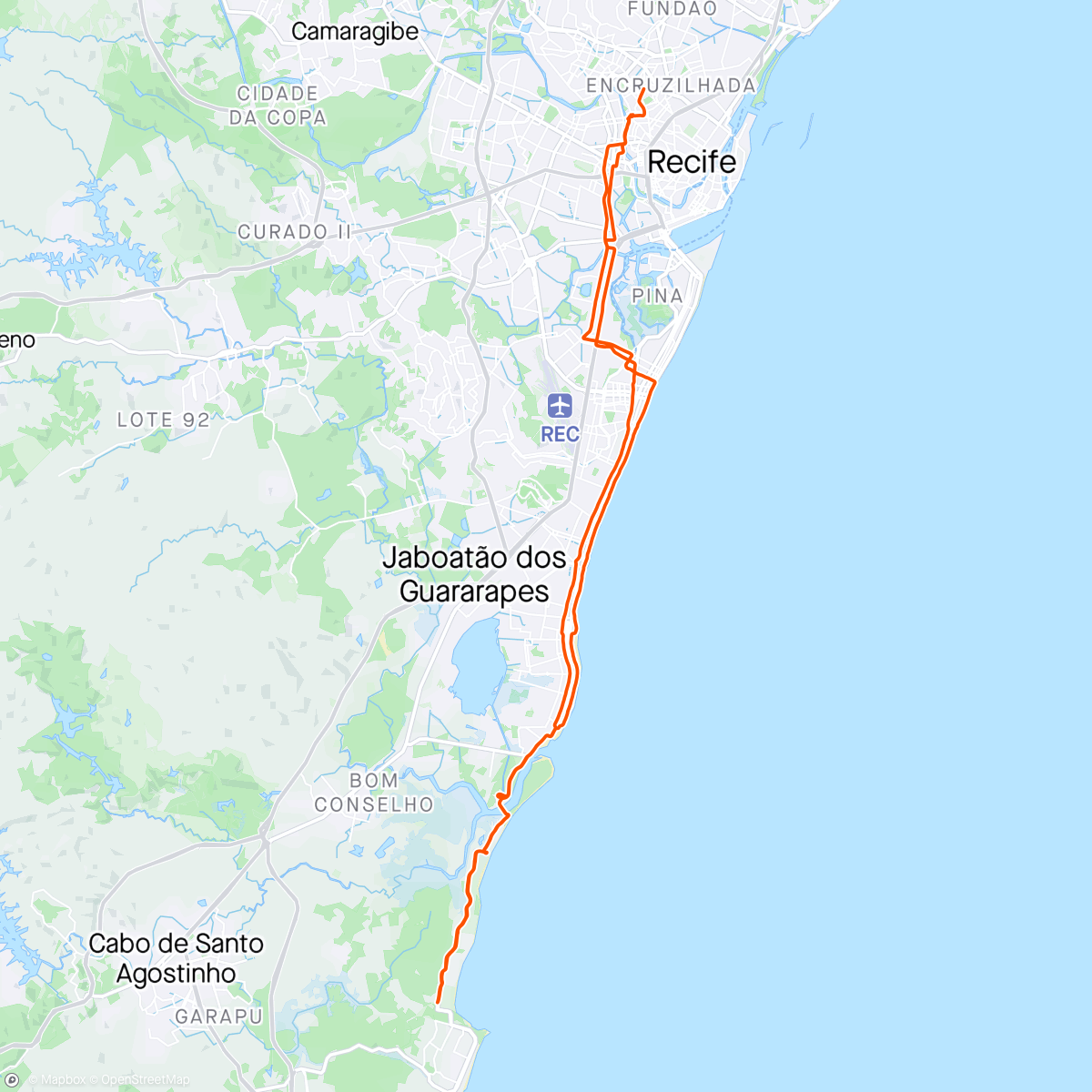 Map of the activity, Longão de sábado com o Bike Road, praia de xaréu, cabo de Santo Augustinho, PE. Muita chuva.