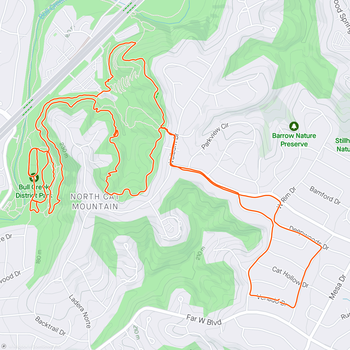 Map of the activity, Evening Trail Run - Bull Creek Lollipop to Space Mountain