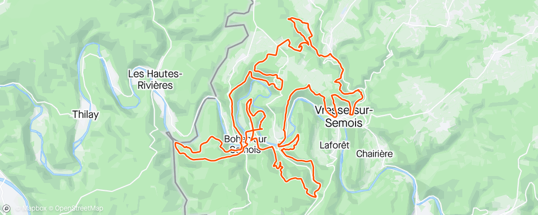 Mapa de la actividad (Trail du Jambon 47K & 2136D+, halfweg goe om in 6u te finishen, doch erna plots flanellen benen, armen, te warm, niet meer kunnen, moeten terug pakken, 5 of 6 keer 5 min moeten zitten, normaal gaat naar boven altijd nog maar vandaag dus niet.)