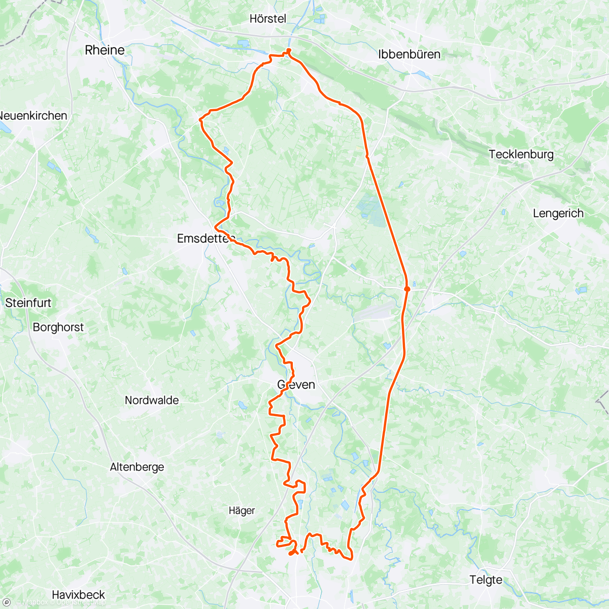 Map of the activity, 240415 CX: Kanal - Bevergern - Elte - Emsdetten - Hembergen - Greven