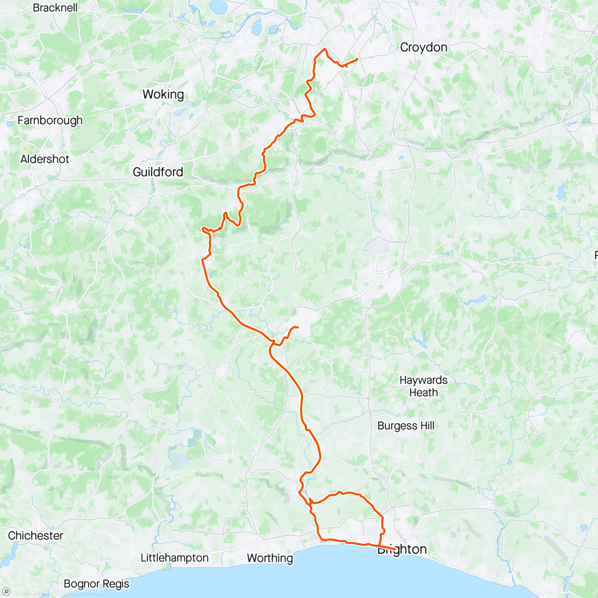 Map of the activity, Live Forever or Die Trying: Cheam -> Brighton-> Horsham gravel ride