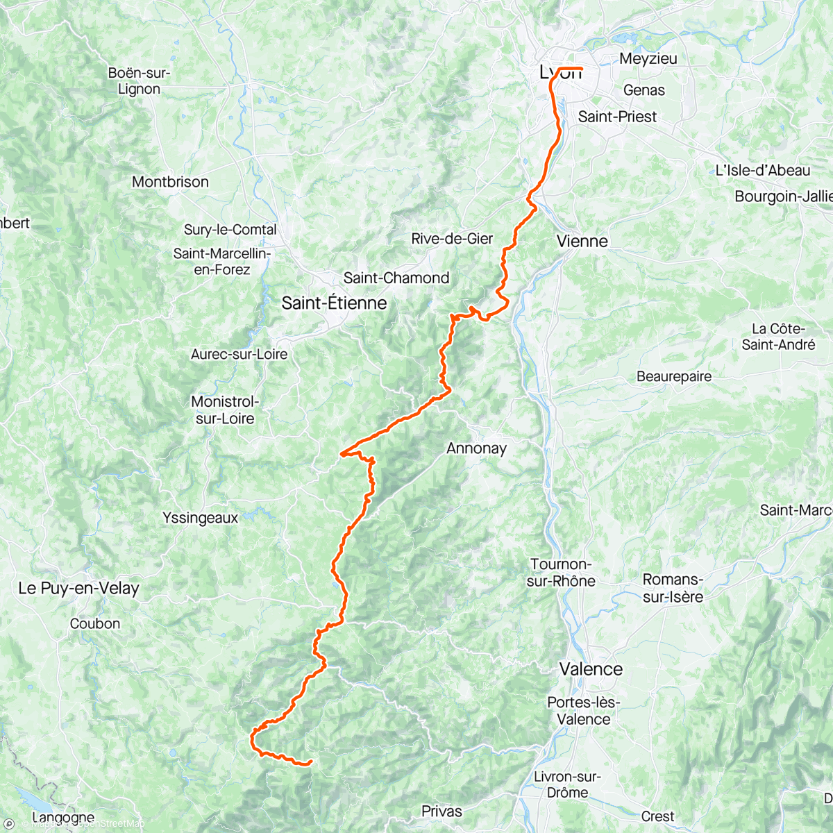 Map of the activity, RTE - En mode Factor : cyclotourisme ardéchois 2/2 : Mezilhac to Lyon