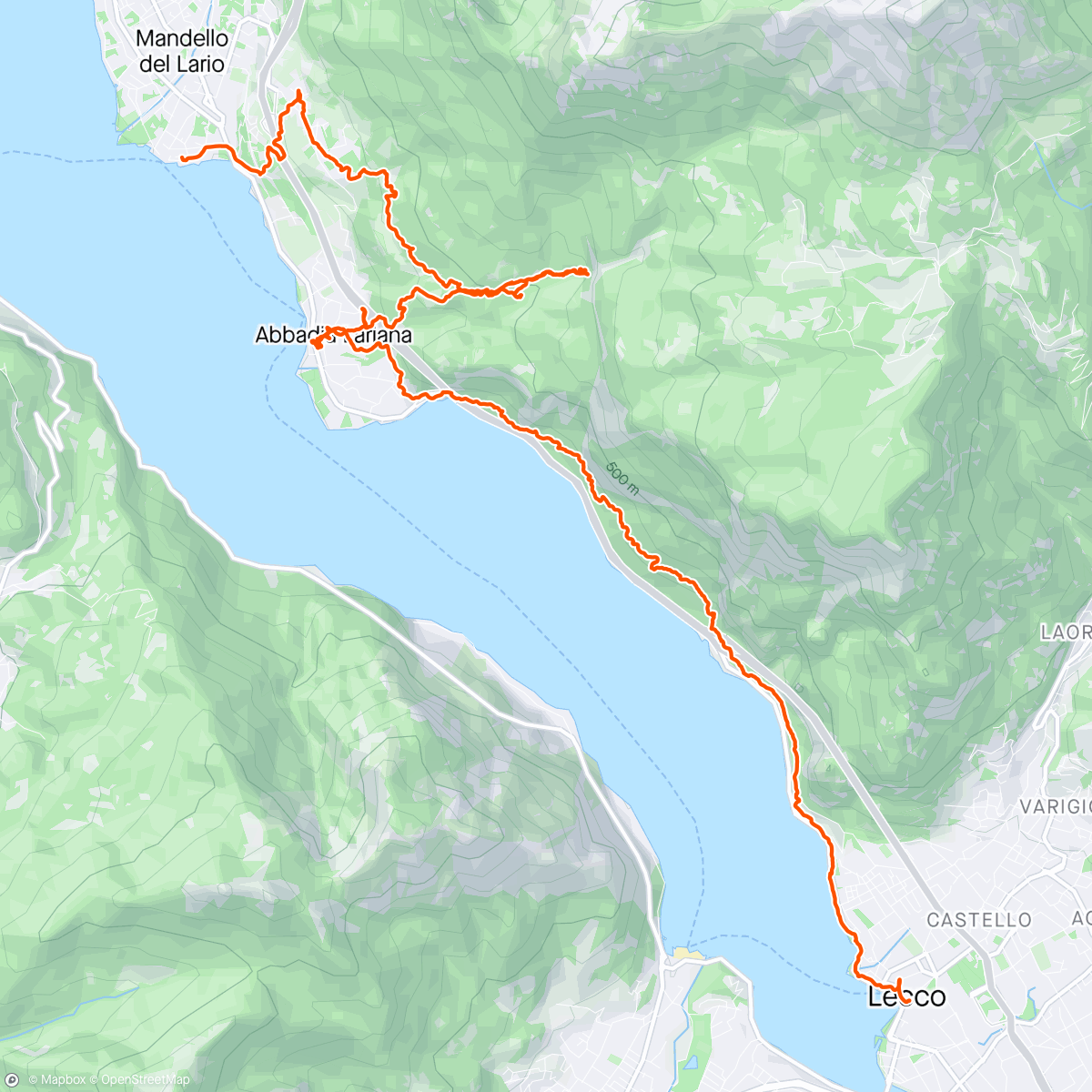 Map of the activity, Sentiero del Viandante 1° tappa: Lecco- Mandello del Lario (allungo per vedere la cascata del Cenghen)