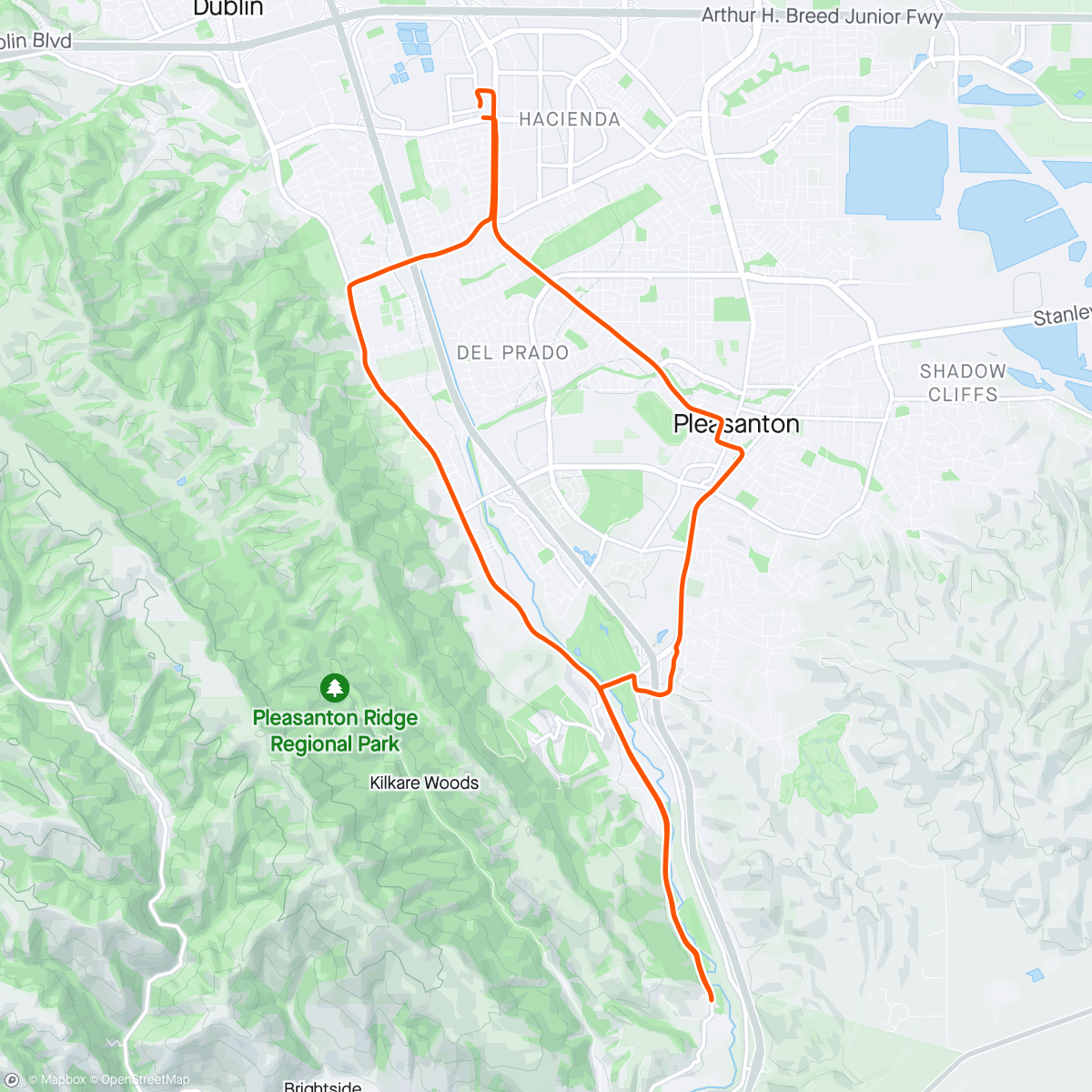 Map of the activity, Pleasanton ride with Mel Elle and Megan