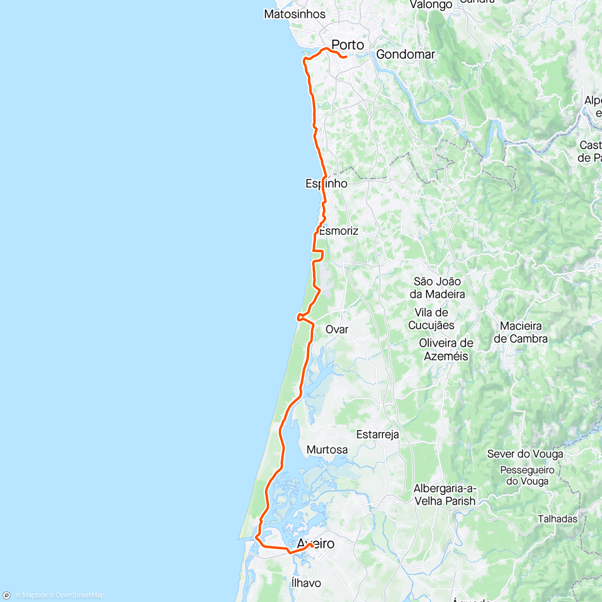 Map of the activity, Porto to Aveiro MTB ride