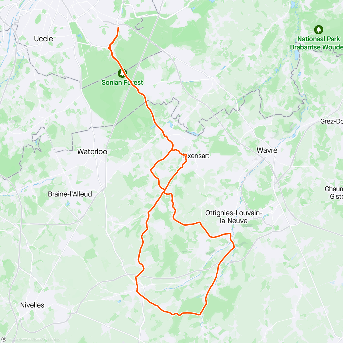 Mapa da atividade, Villers-la-Ville loop / 70 km