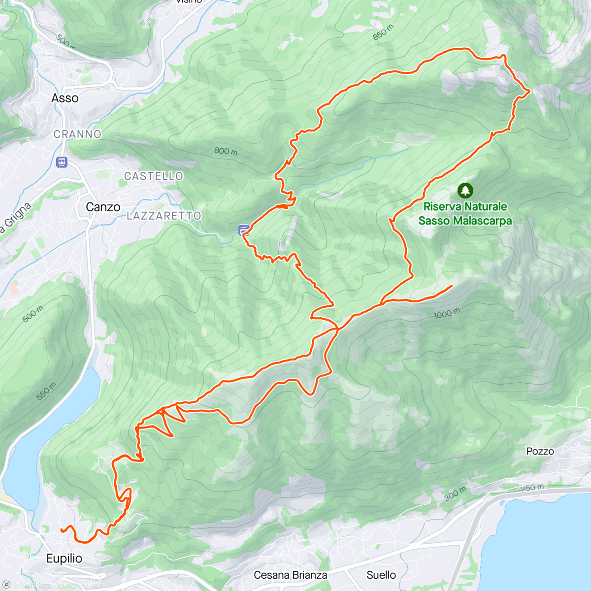 Map of the activity, Cornizzolo, Monte Rai, Rifugio SEV, Rifugio SE e comodo ritorno a Eupilio