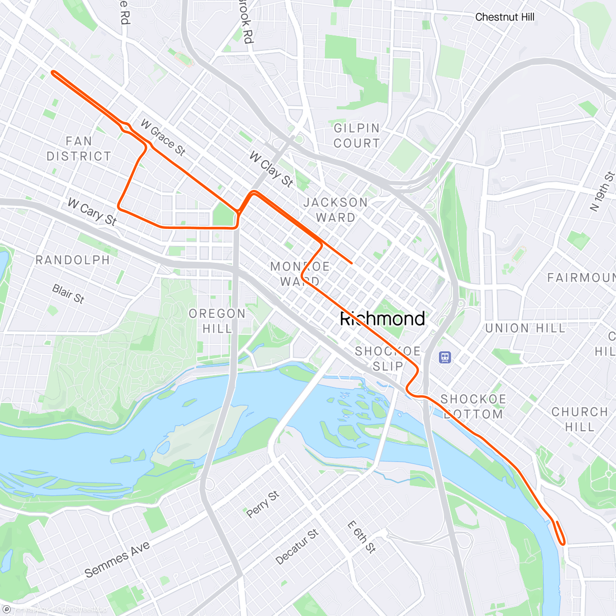 Map of the activity, Zwift - Group Ride: PACK Social + KOM After Party (D) on Libby Hill After Party in Richmond