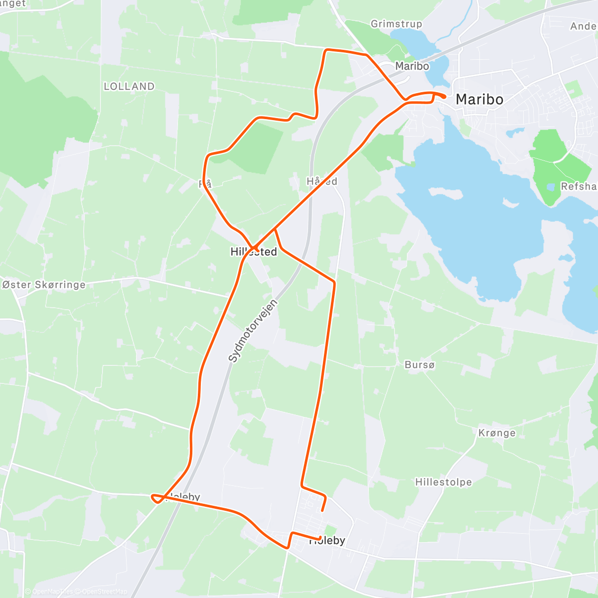Map of the activity, Holeby – Hillested – Maribo – N 54.77729°, E 11.46331°