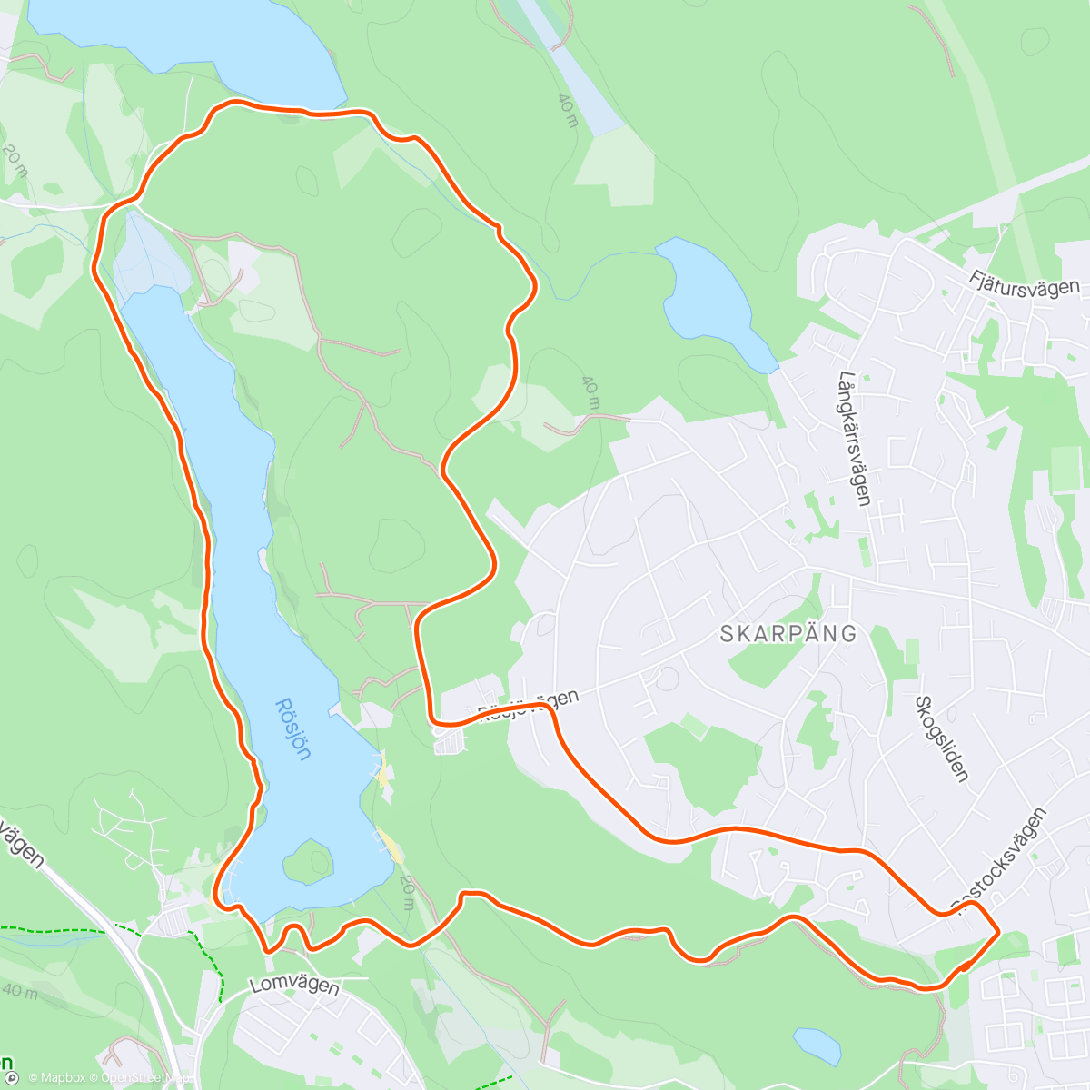 Map of the activity, Kvällsrunda på stök o brötstigar runt Rösjön.