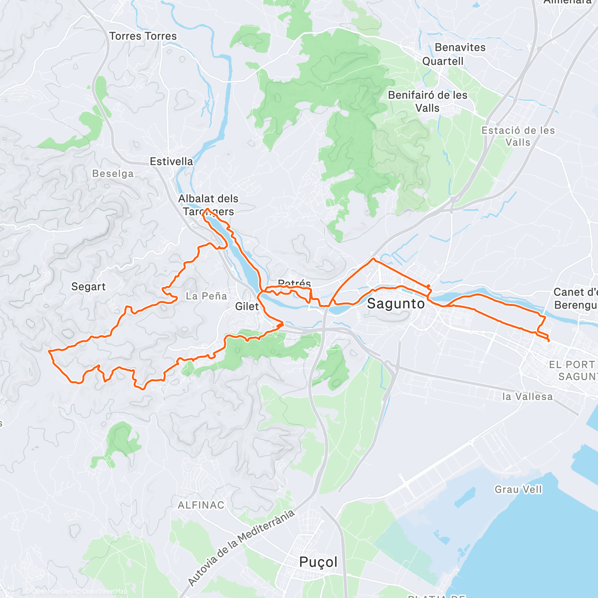 Map of the activity, PTO, MONTBLANC, MOLA, PICO AGUILA POR DETRÁS,   SENDAS  POR LA CALDERONA Y ALMUERCILLO EN P3 CON OLIVA