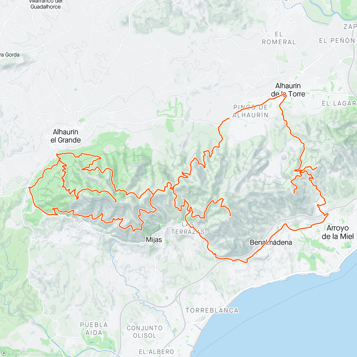 Mapa da atividade, Alhaurin - Jarapalos - La Bola - Panorámica - Repetidor de Mijas - El Telesferico - El Lobo - Alhaurin (Los 6 picos !!!)