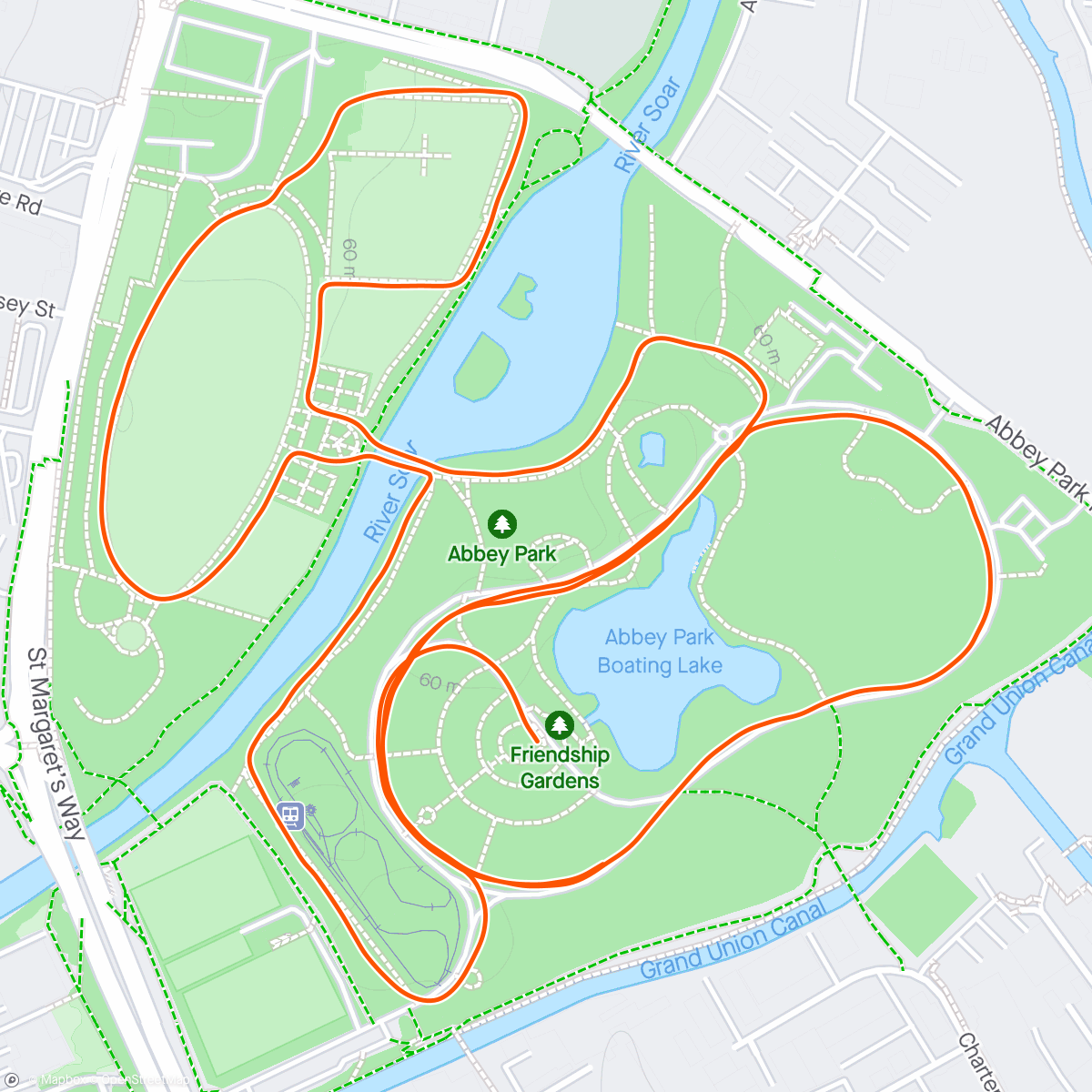 Map of the activity, Abbey Park, parkrun. 1 lap course.