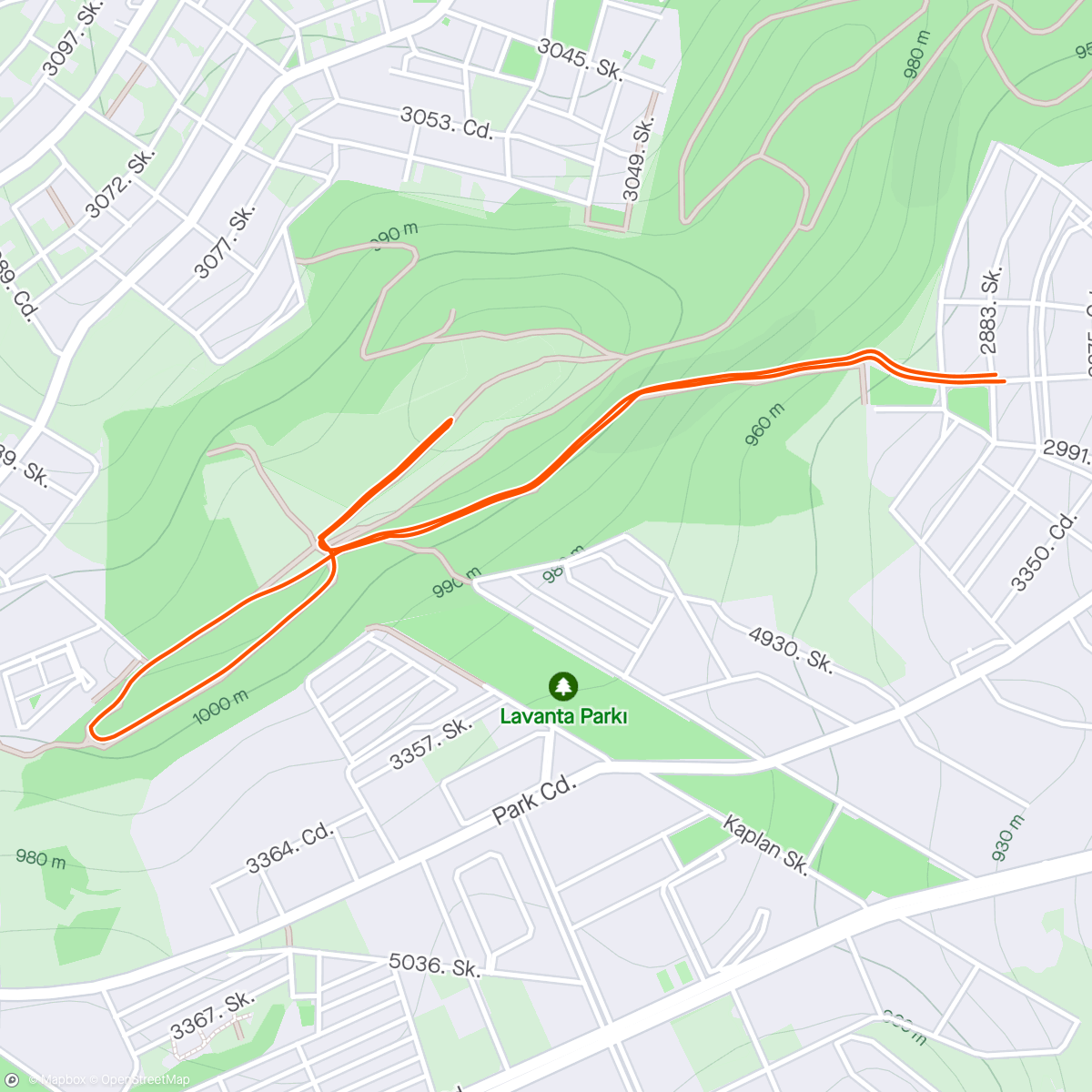 Map of the activity, 7 x uphill push (1:30 up / 2:00 down)