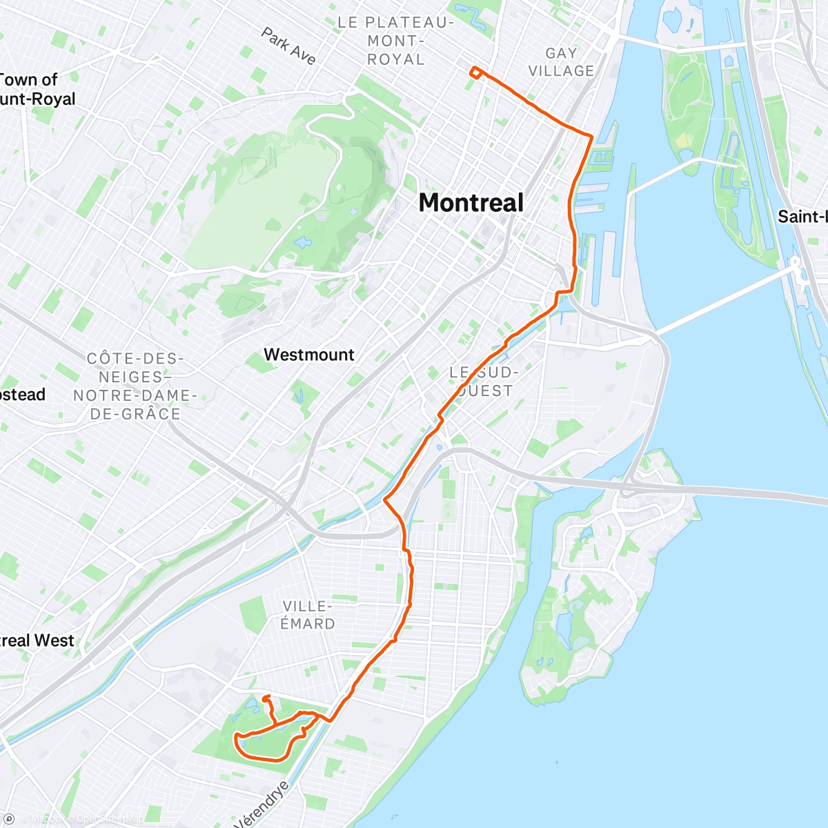 Map of the activity, BIXI bike ride to Parc Angrignon
