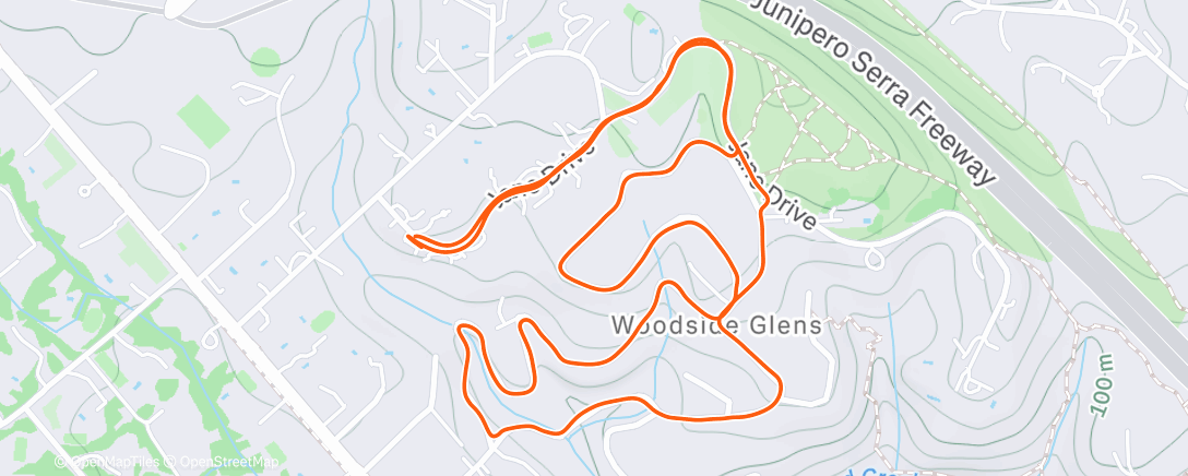 Map of the activity, A couple of miles in Woodside by myself in the rain – some knee pain but not terrible