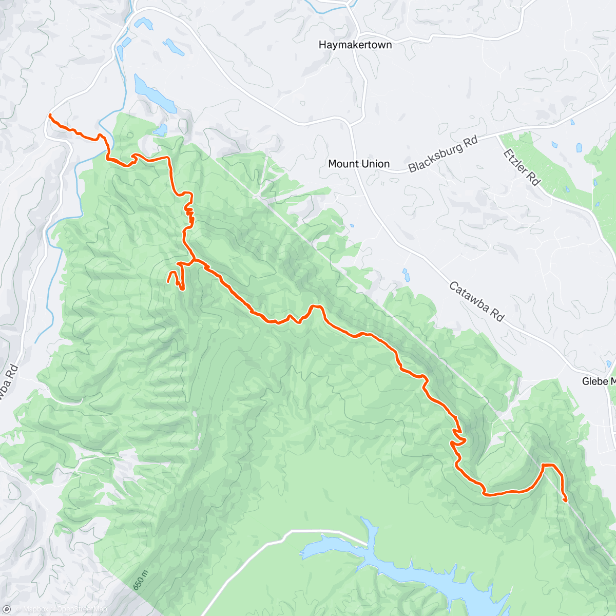 Map of the activity, Hike Tinker Cliffs, Carvins Cove Reservoir