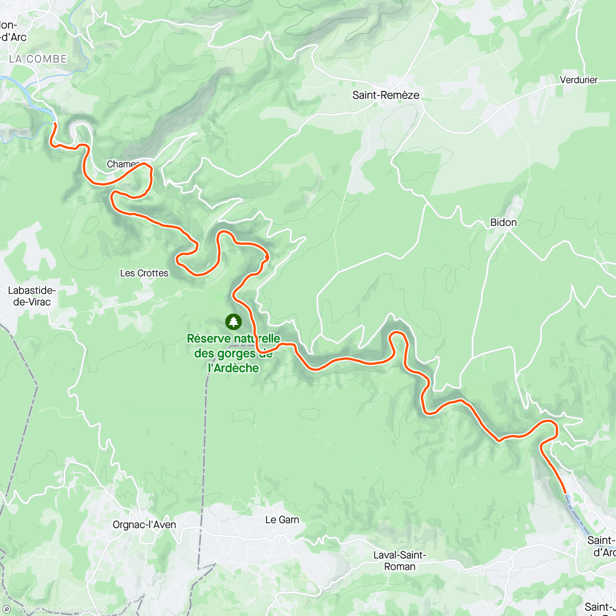 Map of the activity, Canoe on the Ardeche