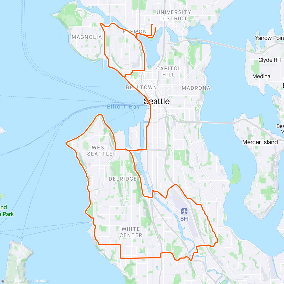 Map of the activity, (Almost) calorie-positive West Seattle loop (pastry, hot dogs and tacos)