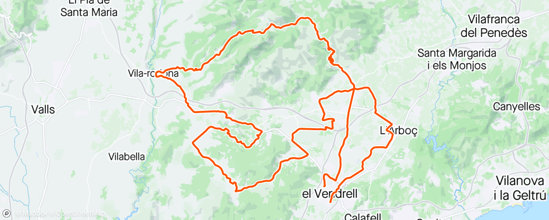 Map of the activity, Road ❄️🚴‍♂️ 🔱 Centuria 🔱 Vendrell ⤴️ Talaia 🏔️Can Ferrer 🏔️ Vilarodona ⤵️ Passeig de les alzines☠️🏔️ Rondonya 🔜 St.Cristina ⤵️ Masabornes 🏔️ Bonastre ⤵️Coll den Benet ☠️☠️Albinyana 🔜Idiada 🔜 Papagayo 🦜St.Jaume 🔜L'arborç🔜 Vendrell
