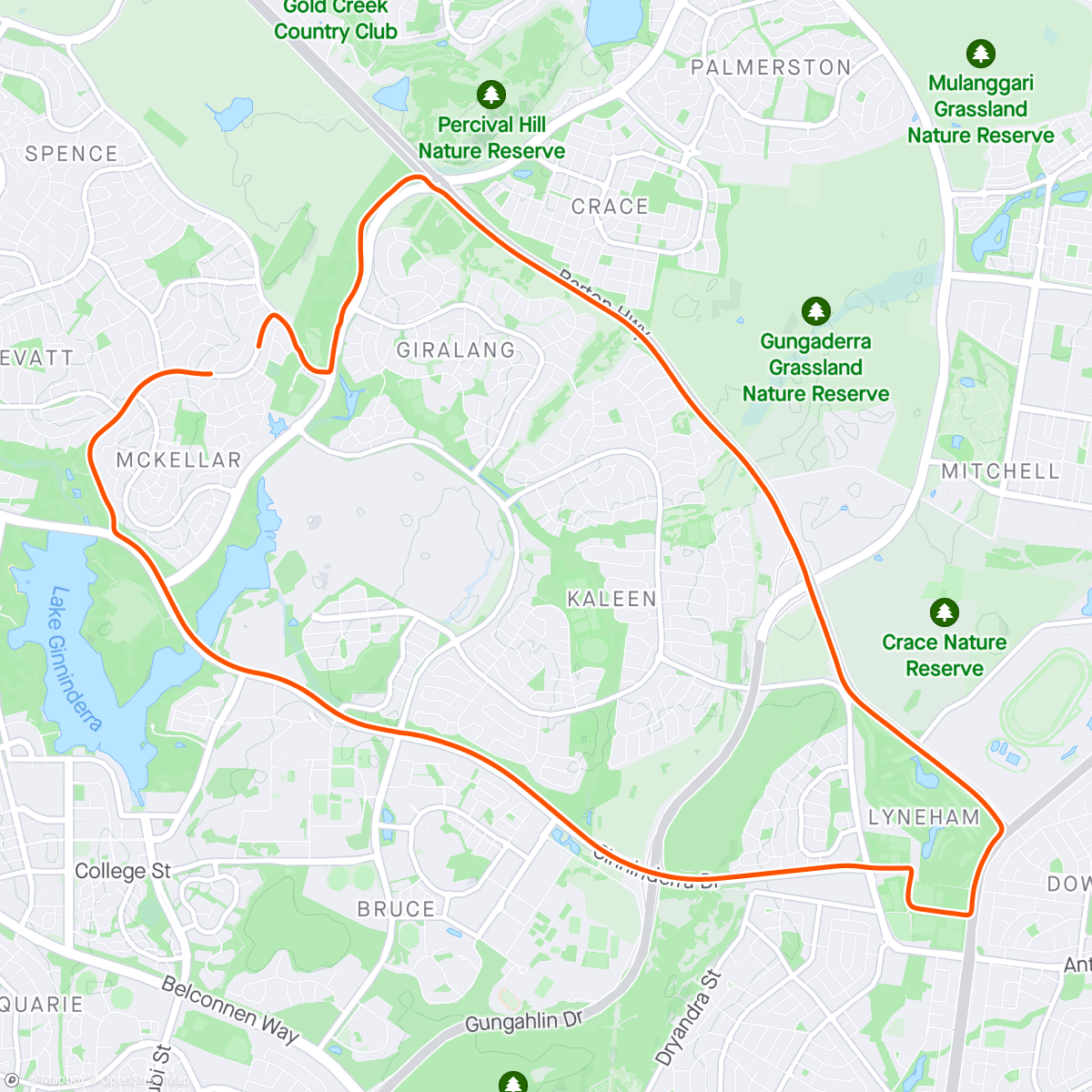 Map of the activity, Afternoon Ride- belated thank you ACT government for widening the bike path along Ginninderra creek, Giralang