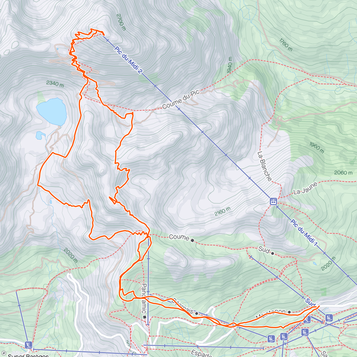 Map of the activity, Pic de Tourmalet 2486m et Pic du Midi de Bigorre 2876m