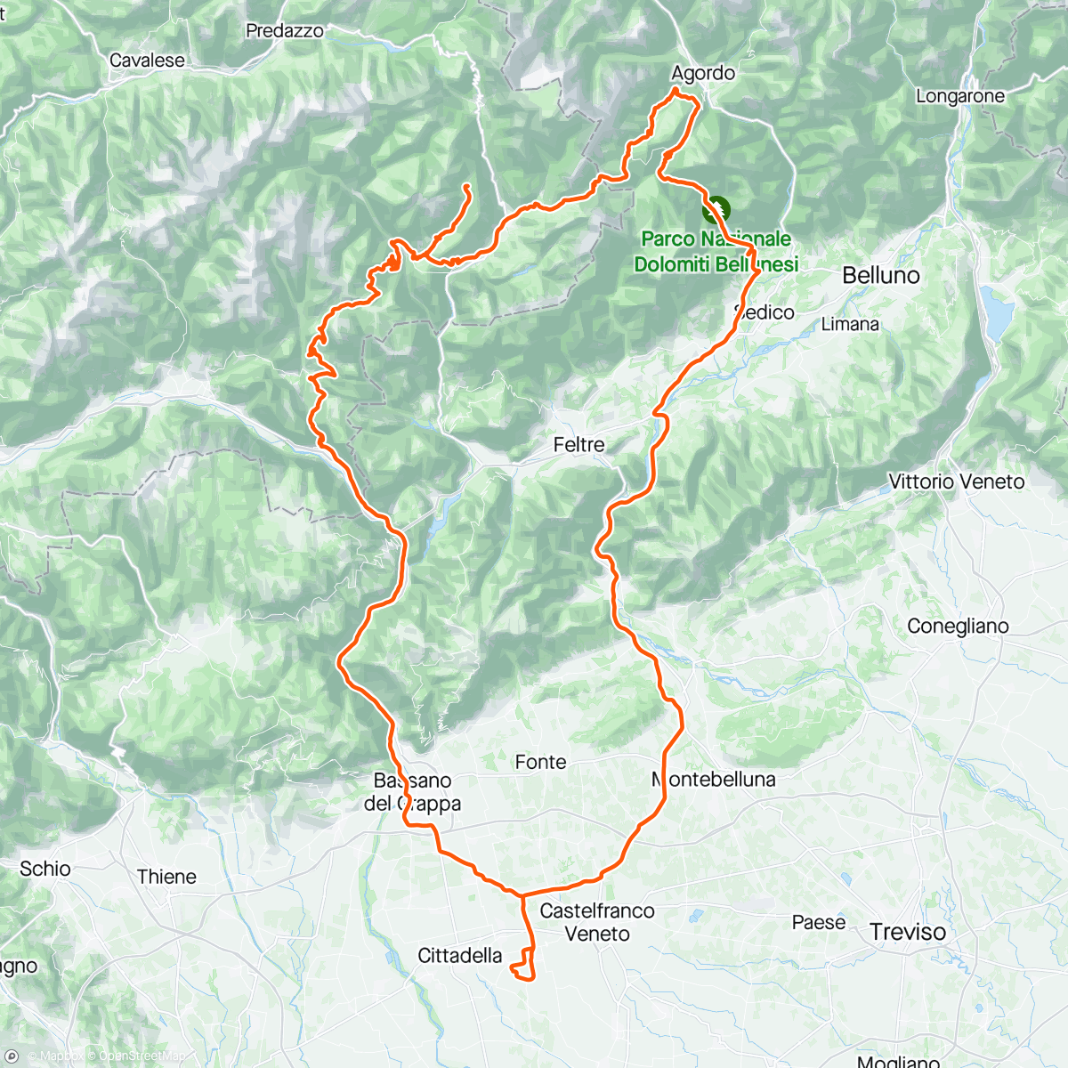 Map of the activity, Valle del mis, forcella franche, forcella aurine, passo cereda, gobbera, lago di calaita, brocon, Valsugana, Bassano