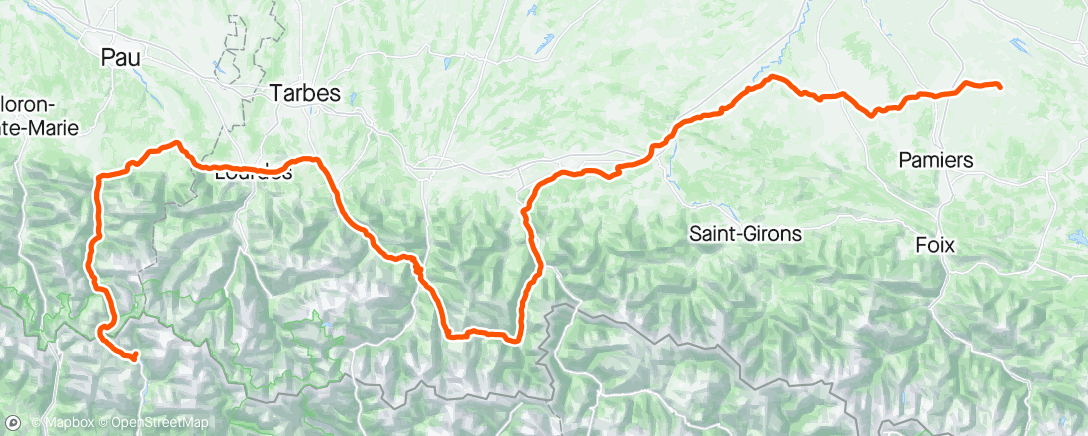 Map of the activity, VIA race day 6: Got surprised by rain in the dark descent of Portalet so got proper soaked and cold. Warming up in a bakery failed but climbing over the Peyresourde helped. Mental breakdown in the afternoon. Finished the day anyway