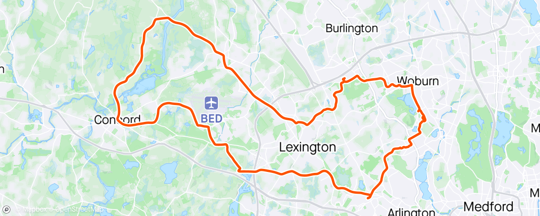 Map of the activity, Concord-Bedford-Woburn-Winchester road ride