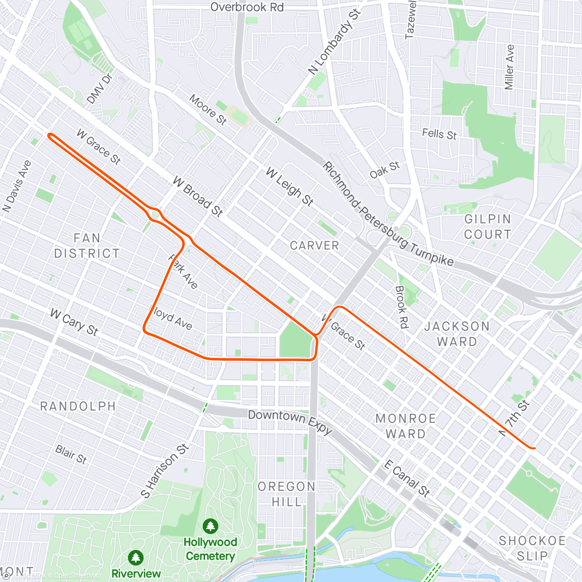 Map of the activity, Zwift - Group Ride: 3R VOLT Interval Ride [~2.6-3.2 w/kg avg] (C) on The Fan Flats in Richmond