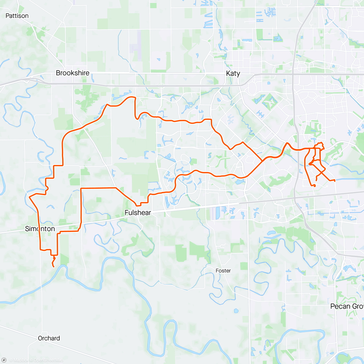 Map of the activity, a 10 mile coffee ride turned into a 50 mile tour of simonton after we met Peter and he guilt tripped us into joining him.