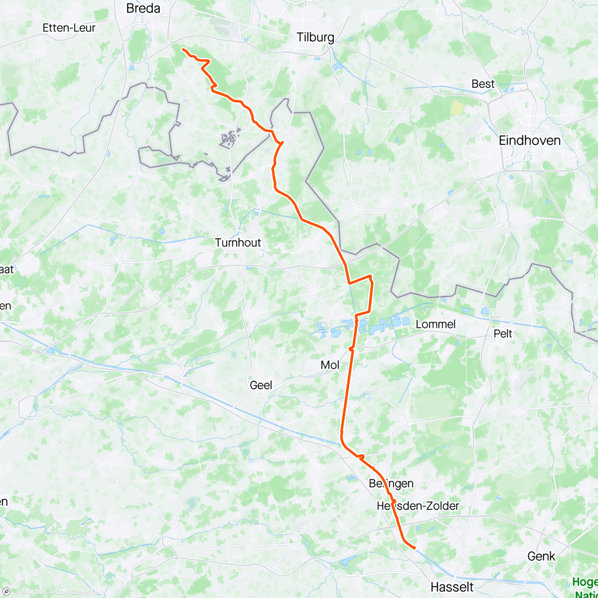 Map of the activity, Hasselt-Breda with 🌞 & 🌧️ #headwind🙈