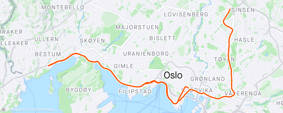 Map of the activity, 15 km progressivt + nedjogg (med nye sko!)