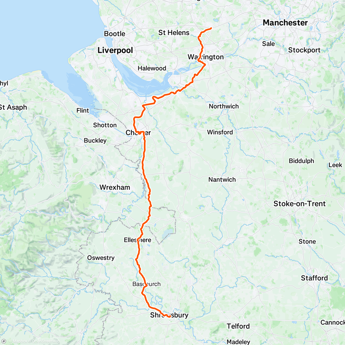 Map of the activity, LJ 8: Shrewsbury -> Warrington