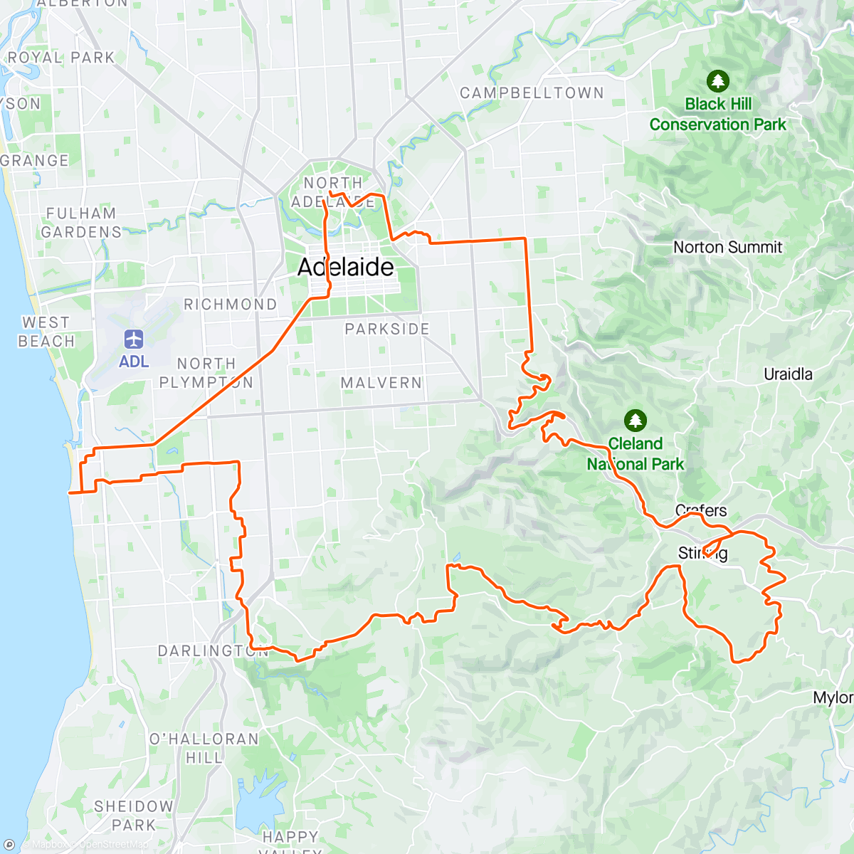 Mapa de la actividad, Glenelg Stirling via some different trails.