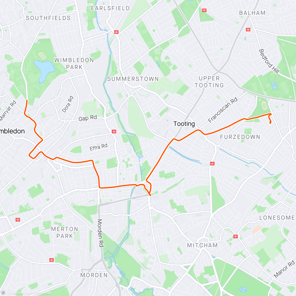 Map of the activity, Night Ride home from Wimbledon.🎾