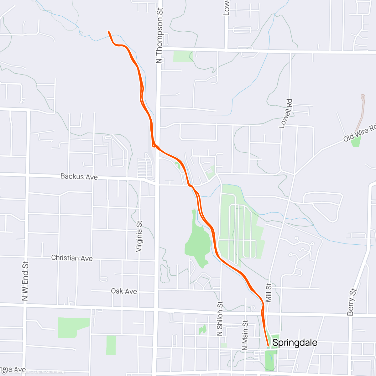 Map of the activity, Run/ Walk with Jen - Downtown Springdale