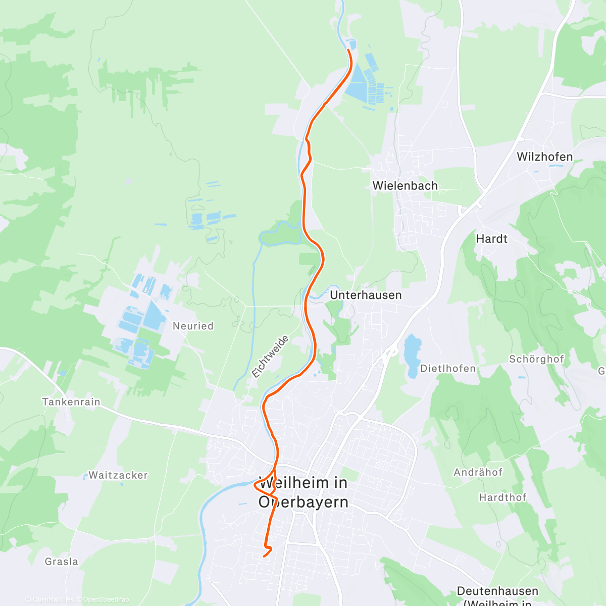 Map of the activity, 4 x 2 km @ 4:30 min/km