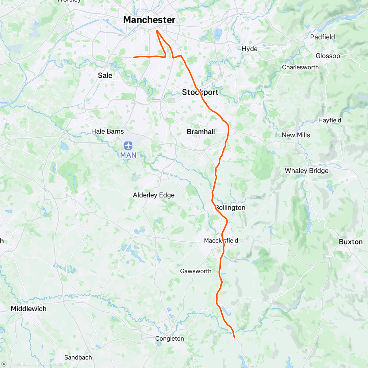 Map of the activity, Ride back from Manchester marathon