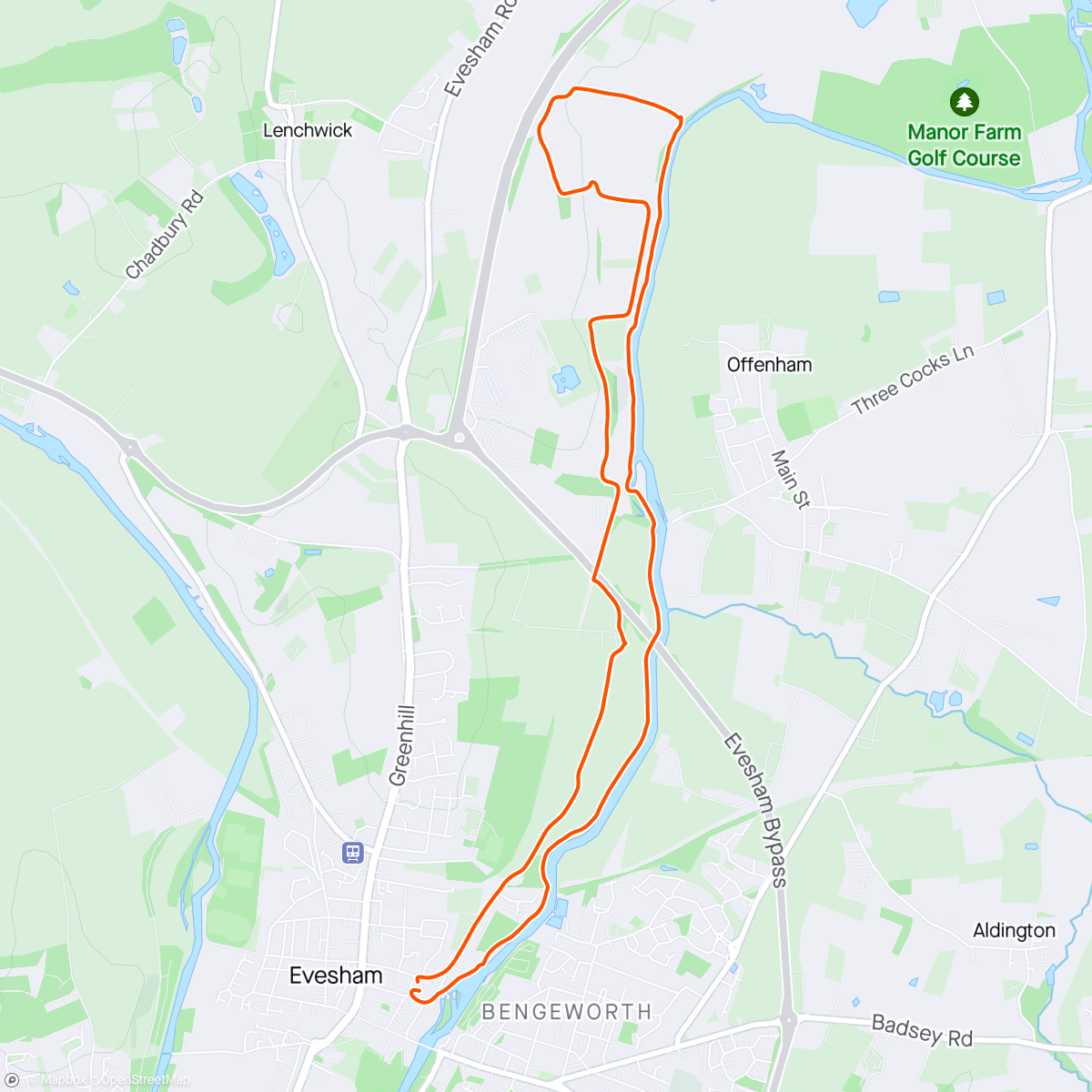 Map of the activity, Nice walk down the river, ground drying up nicely Evesham, England ⛅