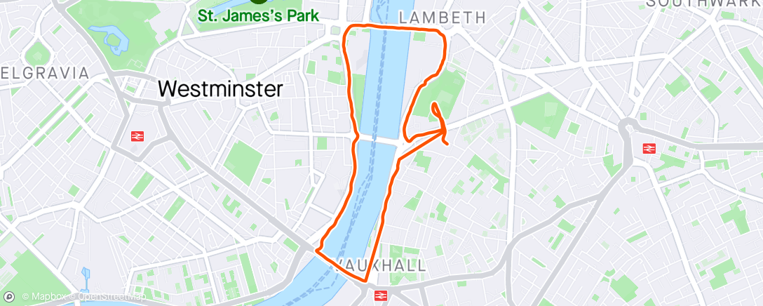 Map of the activity, Vauxhall and Westminster Bridges run