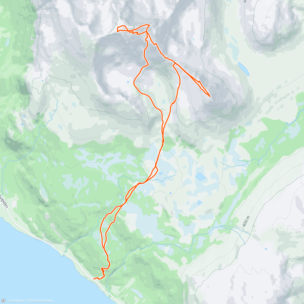 Mapa de la actividad, Stortinden (808), Klemmartindan (1.047) og Ø. Klemmartindan (985) i strålende vær og føre