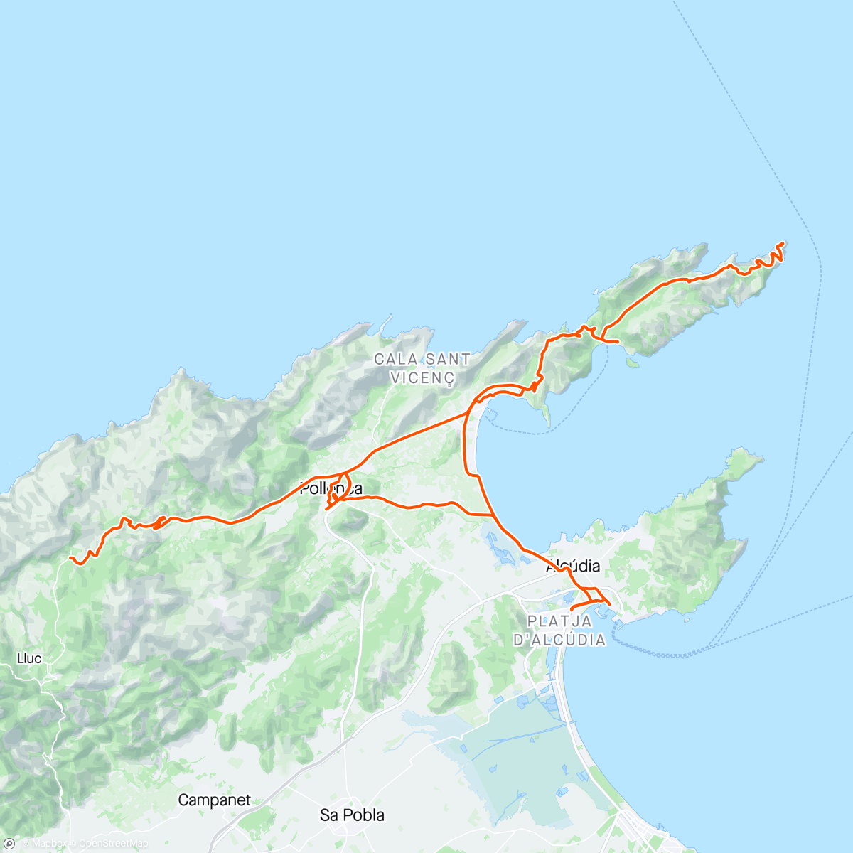 Map of the activity, So it goes a little something like this … Cap de Formentor, cinio, Pollença .. for ibuprofen (knee was not happy) !  Wrong turn and up what Strava tells me is my longest ever climb… after which I nailed what logically must be my longest ever descent ☺️😬🚵🚵