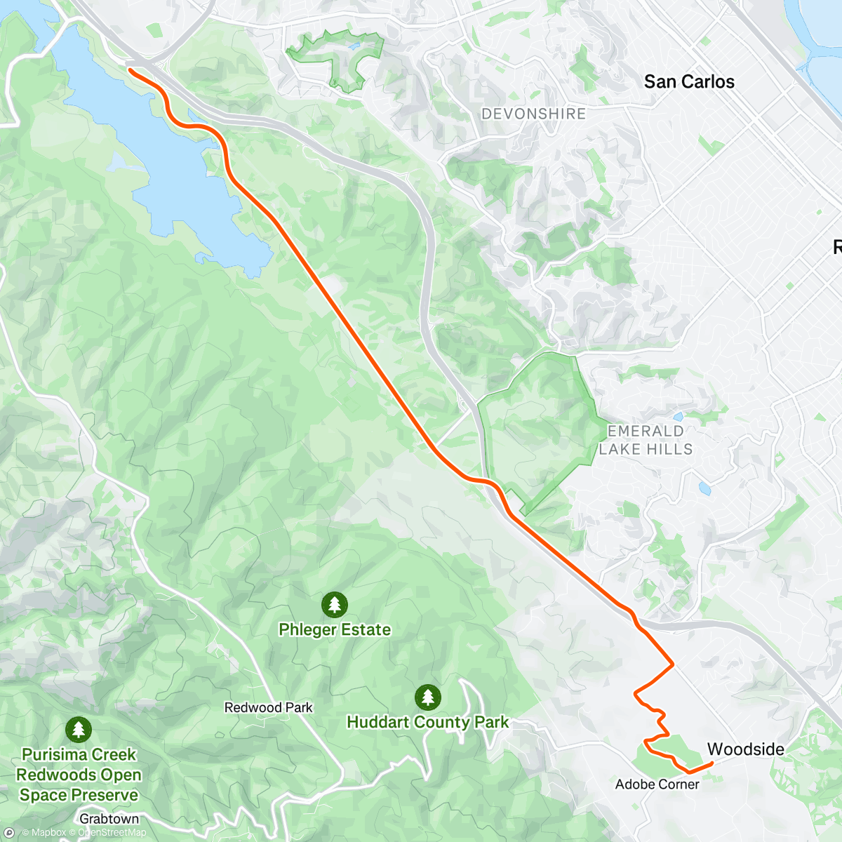 Map of the activity, Cañada Road and The Village Hub Cafe in Woodside