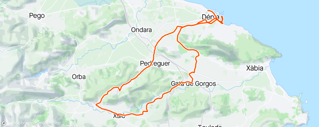 Map of the activity, Denia day 6 🇪🇸.  Last climb for a coffee at Xaló then back to the beach for lunch .