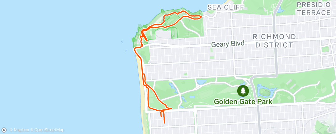 Map of the activity, Land’s End run, Arsicault on the way home 🥐