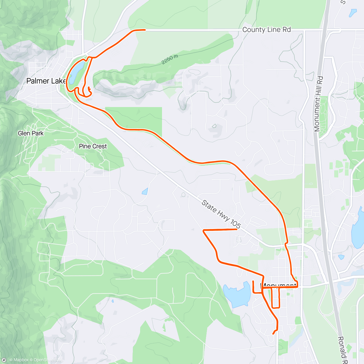 Map of the activity, Mellow Mid-Afternoon Gravel cruise-(much needed after being under the weather all week)-P Lake & Monument Lake-Plenty of Sunshine☀️ , but LOTS of sideways & headwinds ….💨💨💨🚲🚲☀️☀️💨