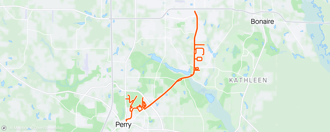 Map of the activity, Riding my Mtb around the neighborhoods in Perry, Georgia just seeing how my shoulder felt after the gravel bike crash two weeks ago. First time being on the bike outside since.
